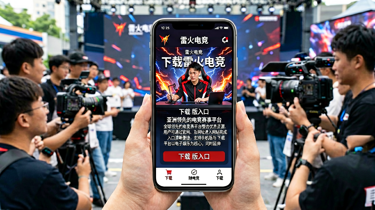 雷火电竞APP手机界面展示，屏幕中呈现电竞赛事数据与直播入口
