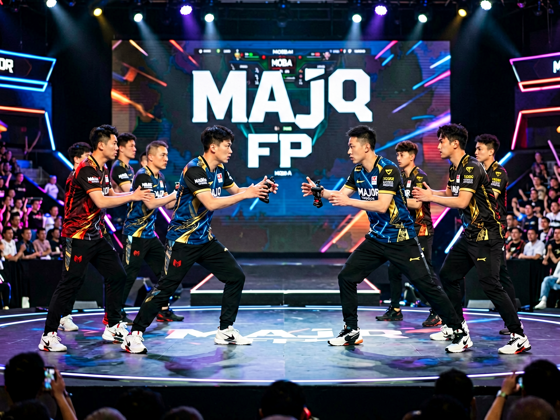 CS2 Major锦标赛现场，职业战队在舞台上进行对抗赛